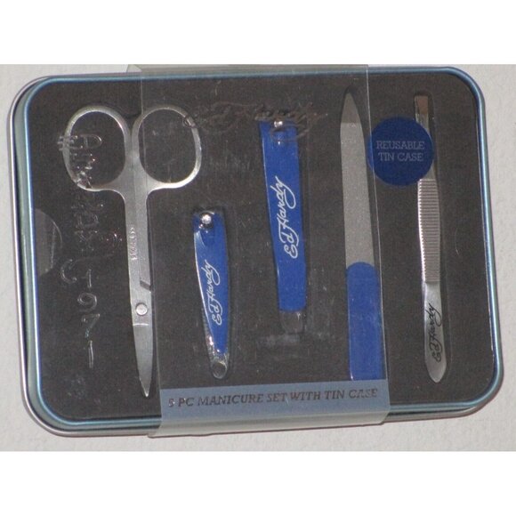 Ed Hardy 5 Piece Manicure Set With Reusable Tin Case Rare Blue Color New Box - Picture 1 of 2